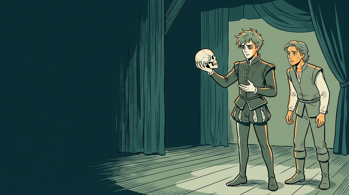 Hamlet holding Yorick's skull on stage, with Horatio looking on